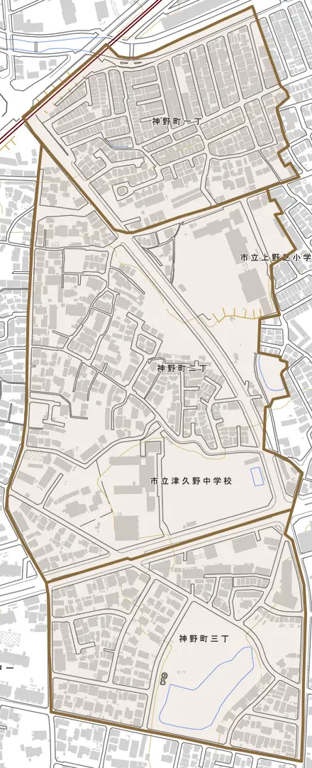 神野町とその周辺の地図。町の範囲を重ねている