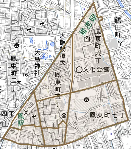 鳳東町とその周辺の地図。町の範囲を重ねている