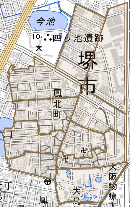 鳳北町とその周辺の地図。町の範囲を重ねている