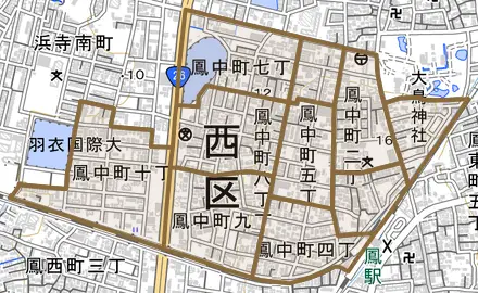 鳳中町とその周辺の地図。町の範囲を重ねている