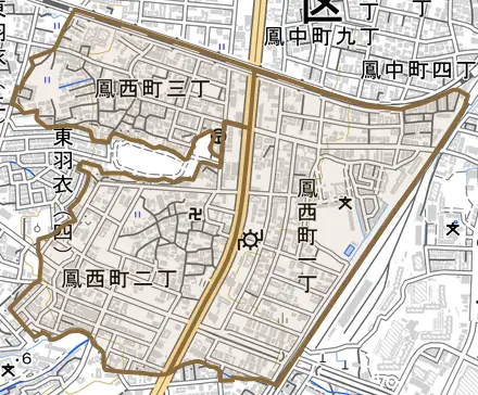 鳳西町とその周辺の地図。町の範囲を重ねている