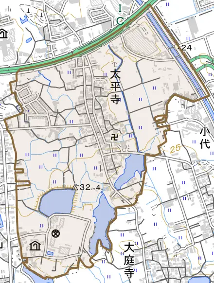 太平寺とその周辺の地図。町の範囲を重ねている