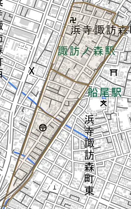 浜寺諏訪森町中とその周辺の地図。町の範囲を重ねている