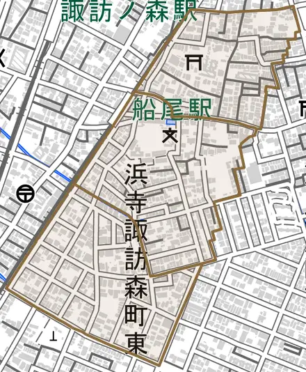 浜寺諏訪森町東とその周辺の地図。町の範囲を重ねている