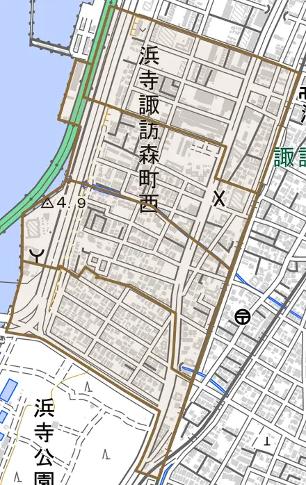浜寺諏訪森町西とその周辺の地図。町の範囲を重ねている