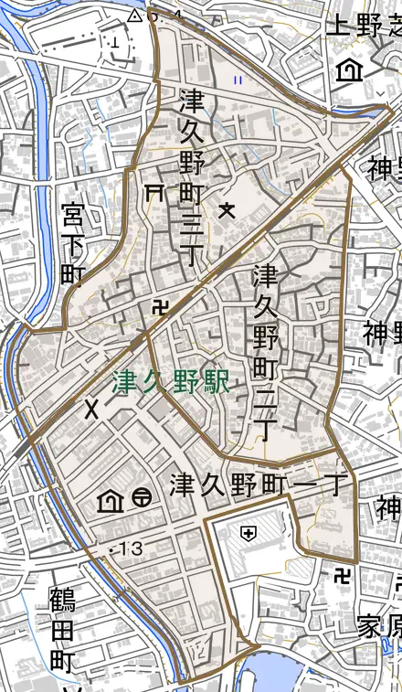 津久野町とその周辺の地図。町の範囲を重ねている