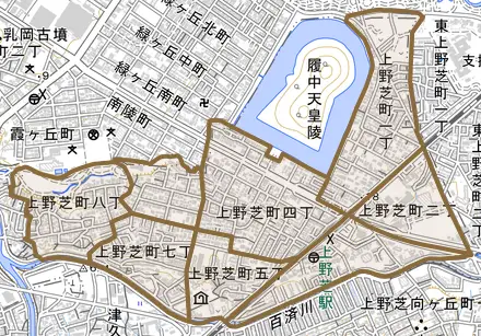 上野芝町とその周辺の地図。町の範囲を重ねている