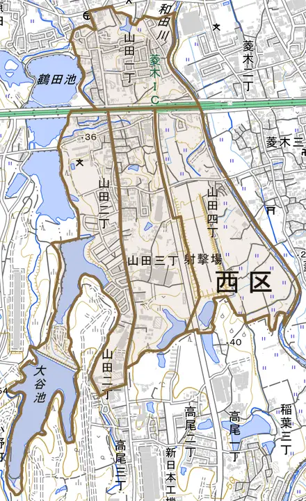 山田とその周辺の地図。町の範囲を重ねている