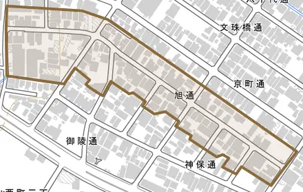 旭通とその周辺の地図。町の範囲を重ねている