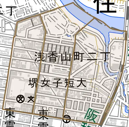浅香山町とその周辺の地図。町の範囲を重ねている