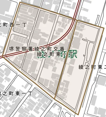 綾之町東とその周辺の地図。町の範囲を重ねている