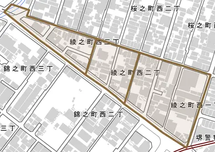 綾之町西とその周辺の地図。町の範囲を重ねている