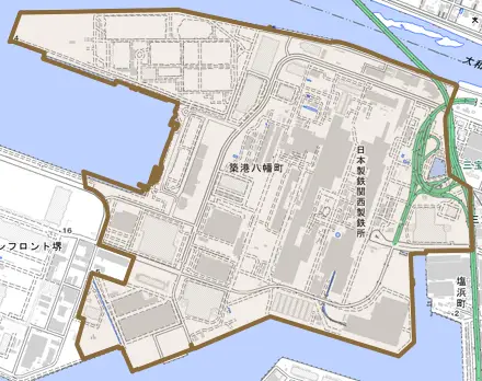 築港八幡町とその周辺の地図。町の範囲を重ねている