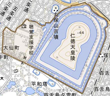 大仙町とその周辺の地図。町の範囲を重ねている