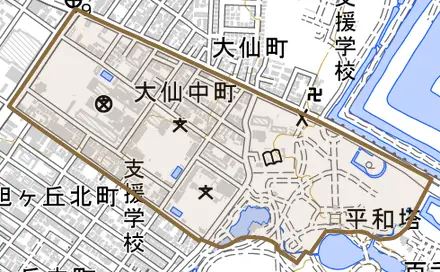大仙中町とその周辺の地図。町の範囲を重ねている