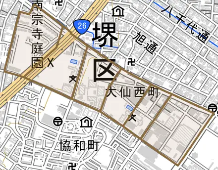 大仙西町とその周辺の地図。町の範囲を重ねている