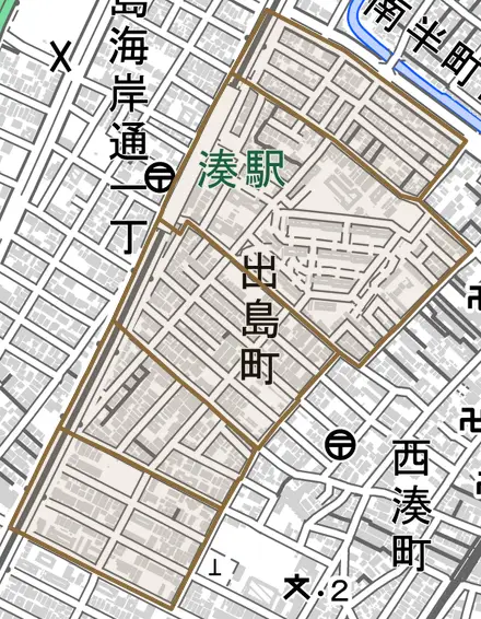 出島町とその周辺の地図。町の範囲を重ねている