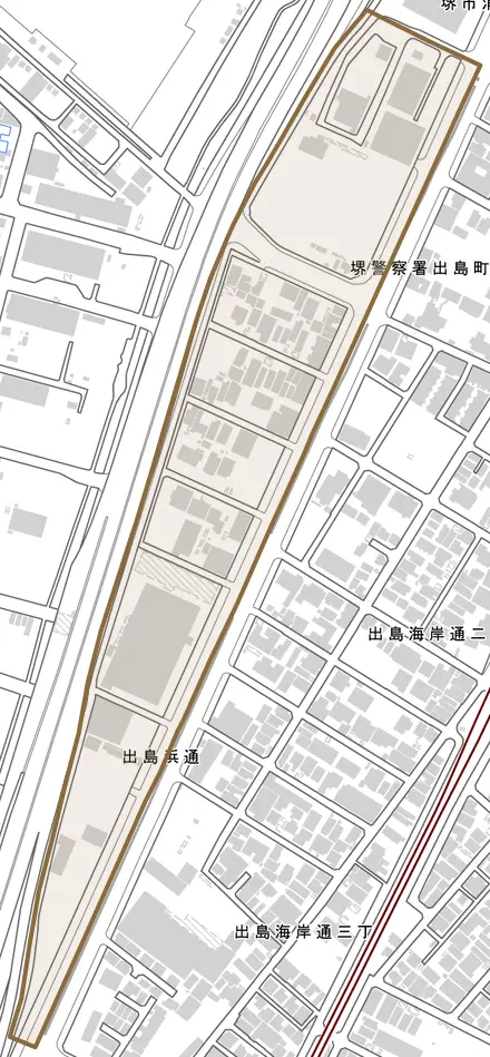出島浜通とその周辺の地図。町の範囲を重ねている