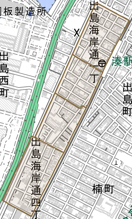 出島海岸通とその周辺の地図。町の範囲を重ねている