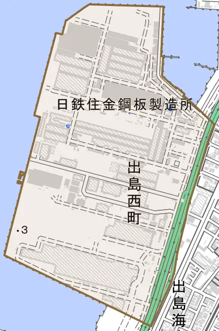 出島西町とその周辺の地図。町の範囲を重ねている