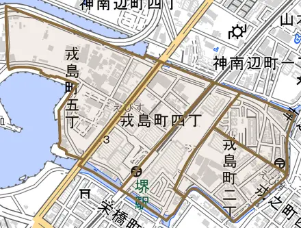 戎島町とその周辺の地図。町の範囲を重ねている
