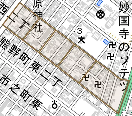 戎之町東とその周辺の地図。町の範囲を重ねている