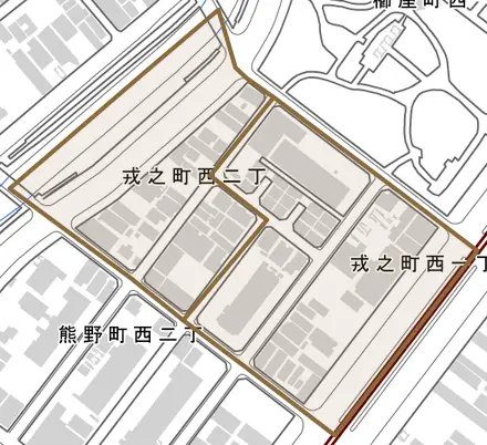 戎之町西とその周辺の地図。町の範囲を重ねている