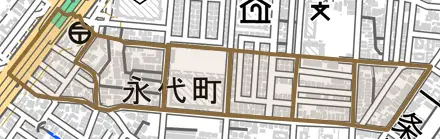 永代町とその周辺の地図。町の範囲を重ねている