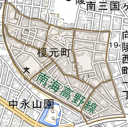 榎元町とその周辺の地図。町の範囲を重ねている