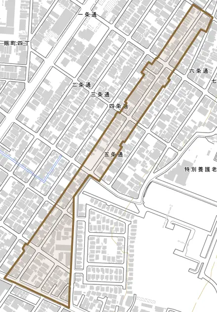 五条通とその周辺の地図。町の範囲を重ねている