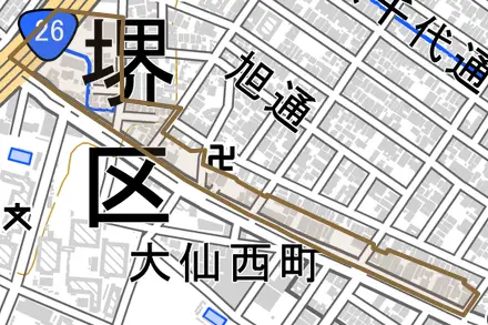 御陵通とその周辺の地図。町の範囲を重ねている