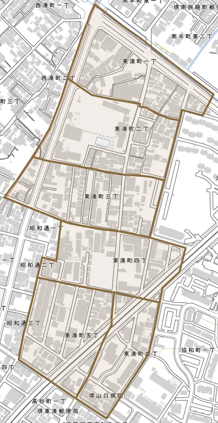 東湊町とその周辺の地図。町の範囲を重ねている