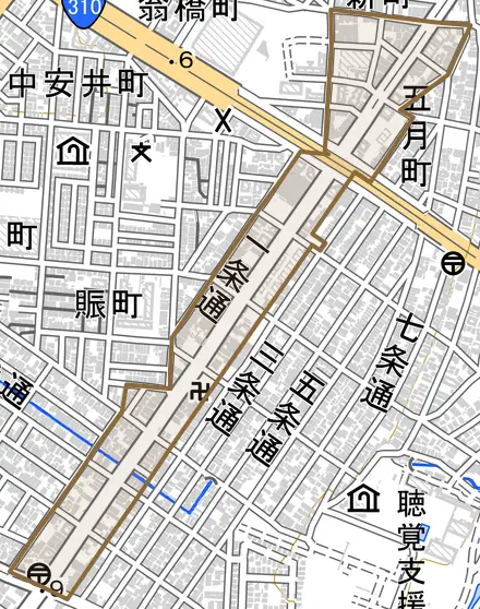 一条通とその周辺の地図。町の範囲を重ねている