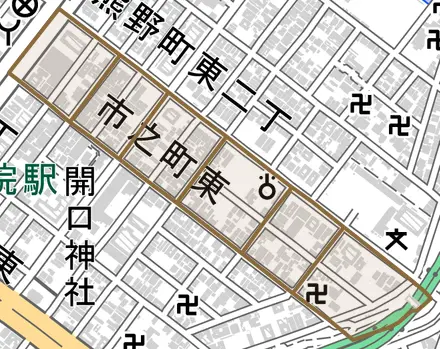 市之町東とその周辺の地図。町の範囲を重ねている