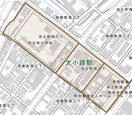 市之町西とその周辺の地図。町の範囲を重ねている