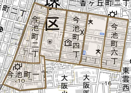 今池町とその周辺の地図。町の範囲を重ねている