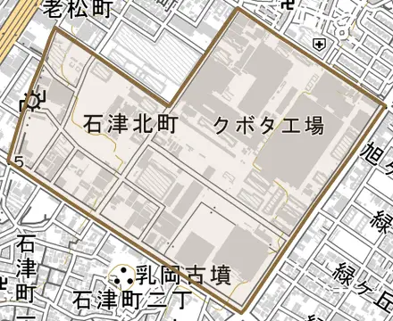石津北町とその周辺の地図。町の範囲を重ねている