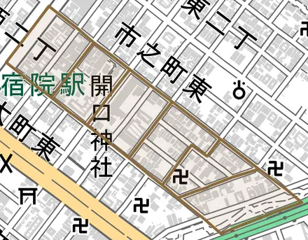 甲斐町東とその周辺の地図。町の範囲を重ねている