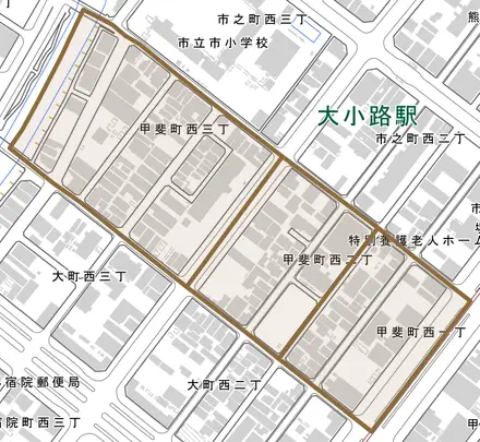 甲斐町西とその周辺の地図。町の範囲を重ねている