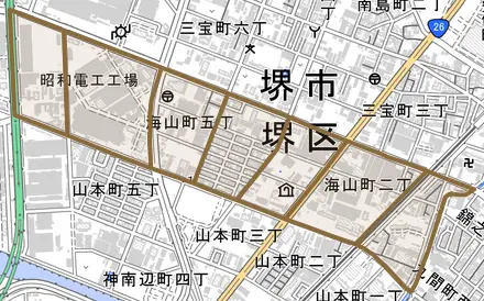 海山町とその周辺の地図。町の範囲を重ねている