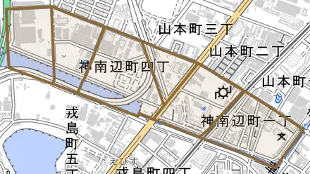 神南辺町とその周辺の地図。町の範囲を重ねている