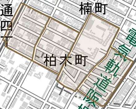柏木町とその周辺の地図。町の範囲を重ねている