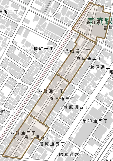 春日通とその周辺の地図。町の範囲を重ねている
