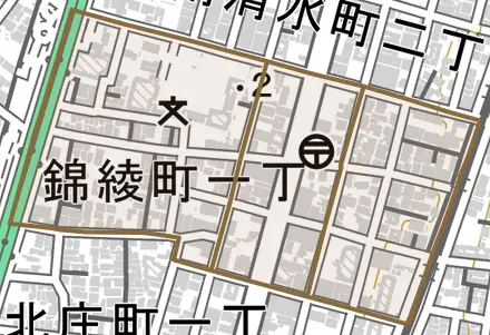 錦綾町とその周辺の地図。町の範囲を重ねている
