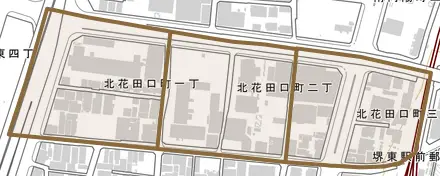 北花田口町とその周辺の地図。町の範囲を重ねている
