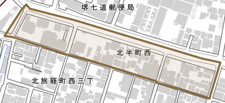 北半町西とその周辺の地図。町の範囲を重ねている