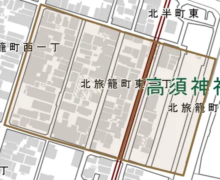 北旅籠町東とその周辺の地図。町の範囲を重ねている