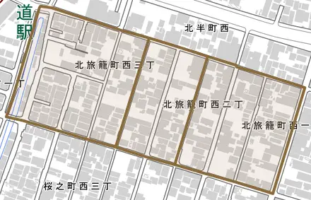 北旅籠町西とその周辺の地図。町の範囲を重ねている
