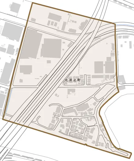 北波止町とその周辺の地図。町の範囲を重ねている