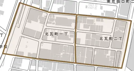 北瓦町とその周辺の地図。町の範囲を重ねている
